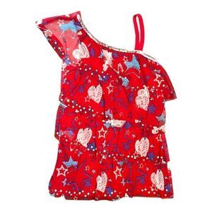 Justice Red Tiered Ruffle Sequin One Shoulder Star Print July 4th Tank Top Red 8